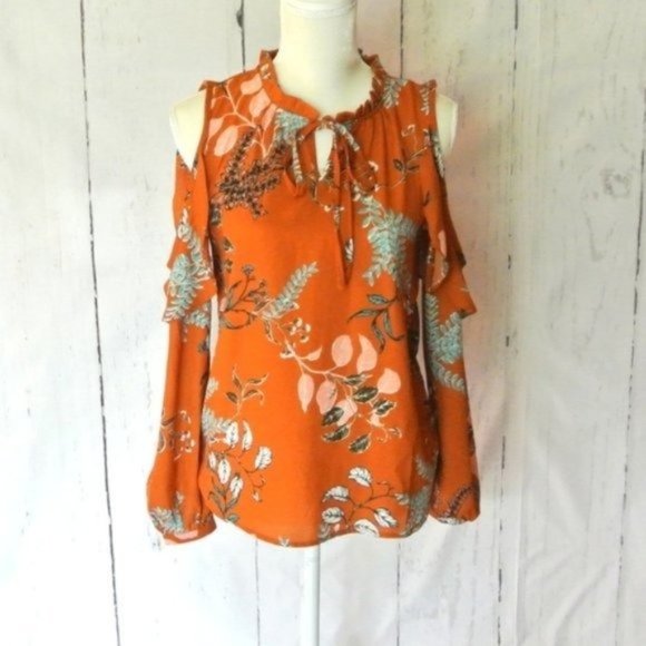 Japna Orange‎ Brown  Floral Blouse Cold Shoulder S - Picture 3 of 9